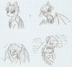 Size: 952x881 | Tagged: safe, artist:ravenpuff, deleted from derpibooru, derpibooru import, oc, oc:prof. sanguinem, oc:sunshine unit, unofficial characters only, bat pony, pony, bags under eyes, bat pony oc, bat wings, coughing, dialogue, disgusted, eyes closed, fangs, gay, gerontophilia, goggles, graph paper, grayscale, hug, male, monochrome, oc x oc, shipping, sick, stallion, traditional art, wings