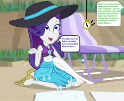 Size: 733x599 | Tagged: safe, derpibooru import, edit, edited screencap, editor:thomasfan45, screencap, rarity, human, equestria girls, equestria girls series, forgotten friendship, 1000 hours in ms paint, beach, beach chair, beach towel, bikini, clothes, cropped, cute, description is relevant, feet, female, geode of shielding, hat, hypno eyes, hypnosis, hypnotized, implied sweetie belle, kneeling, magical geodes, mental shift, midriff, offscreen character, open mouth, pendulum swing, pocket watch, post-hypnotic trigger, request, sand, sandals, sarong, smiling, solo, speech bubble, story included, sun hat, swimsuit