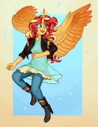 Size: 1700x2200 | Tagged: safe, artist:cuttledreams, derpibooru import, sunset shimmer, alicorn, human, equestria girls, alicornified, clothes, curved horn, female, horn, horned humanization, humanized, race swap, shimmercorn, solo, winged humanization, wings