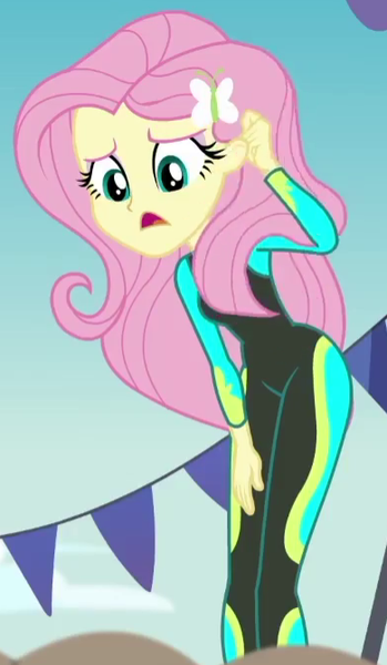 Size: 390x671 | Tagged: safe, derpibooru import, screencap, fluttershy, equestria girls, equestria girls series, too hot to handle, clothes, cropped, solo, swimsuit, wetsuit