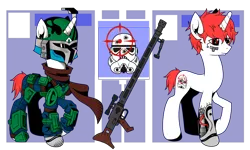 Size: 3452x2071 | Tagged: safe, artist:j053ph-d4n13l, derpibooru import, oc, oc:pin point (ice1517), unofficial characters only, cyborg, pony, unicorn, amputee, armor, belt, blaster, clothes, crossover, gun, helmet, male, mandalorian, pouch, prosthetic limb, prosthetics, raised hoof, reference sheet, rifle, scarf, simple background, sniper, sniper rifle, solo, stallion, star wars, transparent background, weapon
