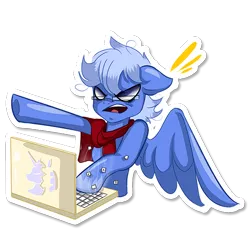 Size: 512x512 | Tagged: safe, artist:rainy105, derpibooru import, oc, oc:daily air, unofficial characters only, pegasus, pony, angry, clothes, computer, laptop computer, male, scarf, simple background, solo, sticker, telegram sticker, transparent background