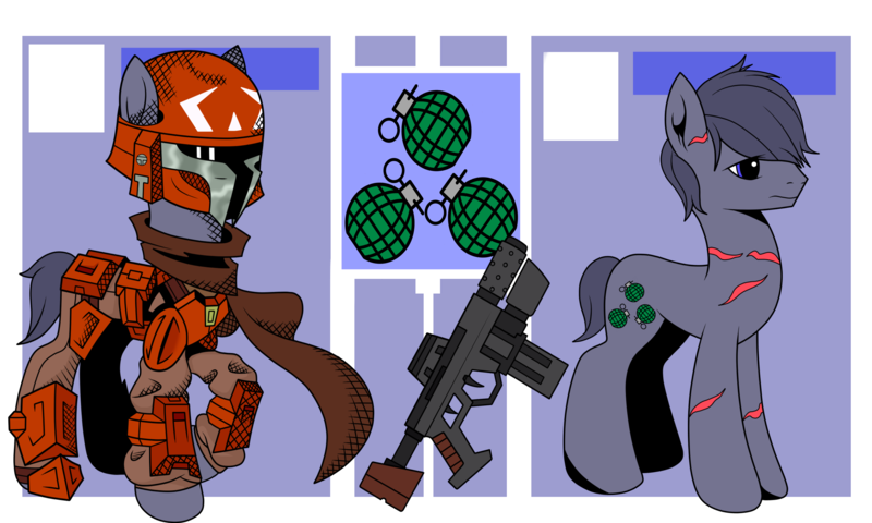 Size: 3452x2071 | Tagged: safe, artist:j053ph-d4n13l, derpibooru import, oc, oc:blast buster, unofficial characters only, earth pony, pony, armor, belt, clothes, crossover, gun, helmet, machine gun, male, mandalorian, pouch, raised hoof, reference sheet, scar, scarf, simple background, solo, stallion, star wars, transparent background, weapon