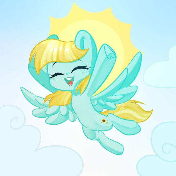 Size: 1000x1000 | Tagged: safe, artist:thieftea, derpibooru import, helia, pegasus, pony, cloud, cute, eyes closed, female, flying, heliadorable, mare, open mouth, sky, solo, spread wings, sun, wings