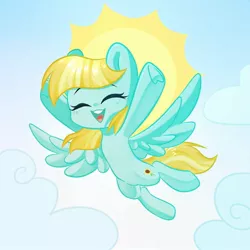 Size: 1000x1000 | Tagged: safe, artist:thieftea, derpibooru import, helia, pegasus, pony, cloud, cute, eyes closed, female, flying, heliadorable, mare, open mouth, sky, solo, spread wings, sun, wings