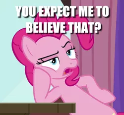 Size: 1120x1038 | Tagged: a trivial pursuit, bipedal, bipedal leaning, caption, cropped, derpibooru import, edit, edited screencap, image macro, leaning, meme, pinkie pie, reaction image, safe, screencap, solo, text, unamused