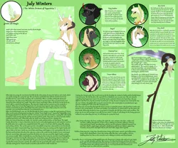 Size: 2683x2235 | Tagged: safe, artist:theblackcatstale, deleted from derpibooru, derpibooru import, granny smith, oc, oc:diamond tear, oc:july winters, alicorn, demon, demon pony, earth pony, original species, pony, alicorn oc, bust, curved horn, earth pony oc, female, glowing eyes, glowing horn, horn, jewelry, male, mare, necklace, raised hoof, reference sheet, scythe, skull, sombra test, stallion, story included, wings, young granny smith, younger