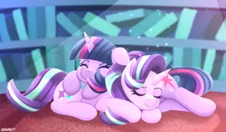 Size: 3600x2100 | Tagged: safe, artist:pone177, artist:rivin177, derpibooru import, starlight glimmer, twilight sparkle, twilight sparkle (alicorn), alicorn, pony, unicorn, duo, eyes closed, female, lesbian, library, lying down, lying on top of someone, mare, on floor, on the floor, pony pillow, prone, shipping, sleeping, smiling, twilight's castle, twilight's castle library, twistarlight
