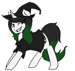 Size: 683x649 | Tagged: artist needed, safe, derpibooru import, oc, oc:vex vixen, pony, unicorn, clothes, costume, evil grin, grin, hat, smiling, witch, witch hat