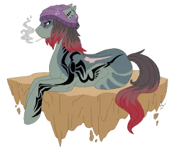 Size: 600x522 | Tagged: safe, artist:theblackcatstale, deleted from derpibooru, derpibooru import, oc, oc:bonnie, unofficial characters only, earth pony, pony, beanie, cigarette, ear piercing, earth pony oc, eyelashes, female, floating island, hat, makeup, mare, piercing, prone, scar, simple background, smoking, solo, tattoo, transparent background