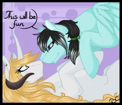 Size: 694x597 | Tagged: safe, artist:theblackcatstale, derpibooru import, oc, oc:july winters, oc:velvet delilah, unofficial characters only, demon, demon pony, original species, pegasus, pony, abstract background, commission, duo, eyelashes, looking at each other, on back, speech, talking, wide eyes, ych result