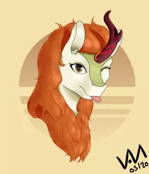 Size: 2700x3150 | Tagged: safe, artist:0-van-0, derpibooru import, autumn blaze, kirin, :p, ear fluff, horn, looking at you, one eye closed, simple background, solo, tongue out, wink, winking at you