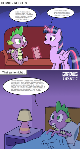 Size: 1243x2320 | Tagged: alicorn, artist:gradiusfanatic, bed, comic, derpibooru import, dragon, edit, implied incest, implied infidelity, implied sex, implied shiningsparkle, implied shipping, implied straight, incest, spike, suggestive, twicest, twilight sparkle, twilight sparkle (alicorn), winged spike