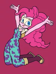 Size: 1650x2200 | Tagged: safe, artist:khuzang, derpibooru import, pinkie pie, equestria girls, armpits, boots, clothes, commission, commissioner:imperfectxiii, cosplay, costume, crossover, female, jumping, looking at you, mask, mina ashido, my hero academia, shoes, simple background, smiling, solo, spandex