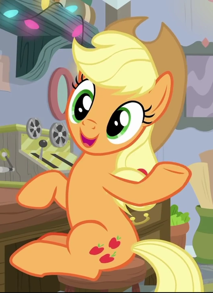 Size: 525x722 | Tagged: safe, derpibooru import, screencap, applejack, earth pony, pony, mystery voice, applejack's hat, cheerful, cowboy hat, cropped, cute, cutie mark, female, hat, hooves on the table, jackabetes, mare, open mouth, ponytail, raised hoof, sitting, smiling, solo, stetson, waving