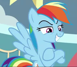 Size: 823x721 | Tagged: safe, derpibooru import, screencap, rainbow dash, pegasus, pony, triple pony dare ya, amused, condescending, cropped, crossed arms, crossed hooves, faic, female, flying, grin, lidded eyes, looking down, mare, mocking, multicolored mane, multicolored tail, narrowed eyes, raised eyebrows, smiling, smirk, smug, smugdash, snark, solo, spread wings, wings