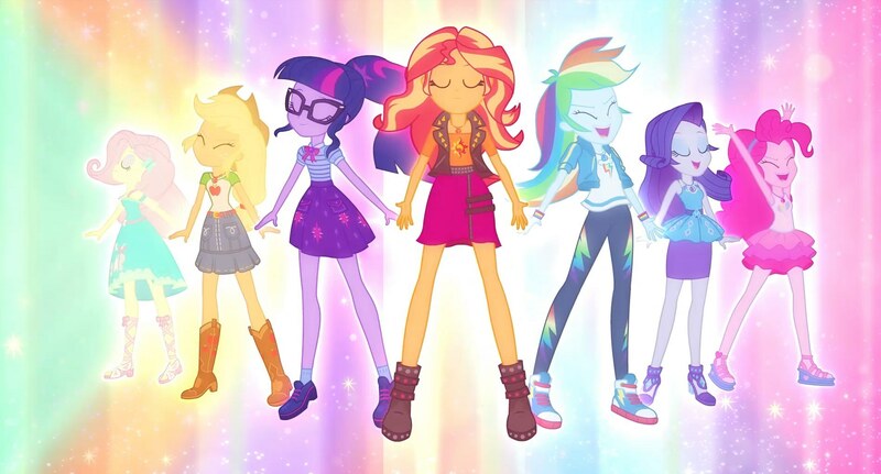 Size: 1899x1022 | Tagged: safe, derpibooru import, official, screencap, applejack, fluttershy, pinkie pie, rainbow dash, rarity, sci-twi, sunset shimmer, twilight sparkle, cheer you on, equestria girls, equestria girls series, spoiler:eqg series (season 2), armpits, belt buckle, boots, bow, bracelet, clothes, colorful background, converse, cowboy boots, cowboy hat, cutie mark, cutie mark on clothes, denim skirt, equestria girls (team), eyes closed, eyeshadow, fluttershy boho dress, frilly design, geode of empathy, geode of fauna, geode of shielding, geode of sugar bombs, geode of super speed, geode of super strength, geode of telekinesis, hairband, hairpin, hat, high heels, humane seven, image, jewelry, jpeg, leader, leather vest, magical geodes, makeup, members, multicolored hair, necklace, open smile, open-toed shoes, pants, pantyhose, pencil skirt, pendant, polo shirt, rah rah skirt, rainbow hair, rarity peplum dress, shoes, shoulderless shirt, skirt, sleeveless, sleeveless tank top, sneakers, stetson, sweatpants, tanktop, transforming, wristband