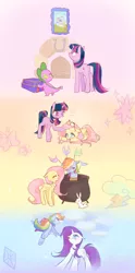 Size: 950x1920 | Tagged: safe, artist:kkmrarar, derpibooru import, angel bunny, fluttershy, rainbow dash, rarity, spike, twilight sparkle, bird, dragon, pegasus, pony, unicorn, magical mystery cure, a true true friend, box, cauldron, cloud, colored pupils, cutie mark, element of kindness, female, groucho mask, male, mare, picture, scene interpretation, sky, tied up, unicorn twilight, wet, wet mane