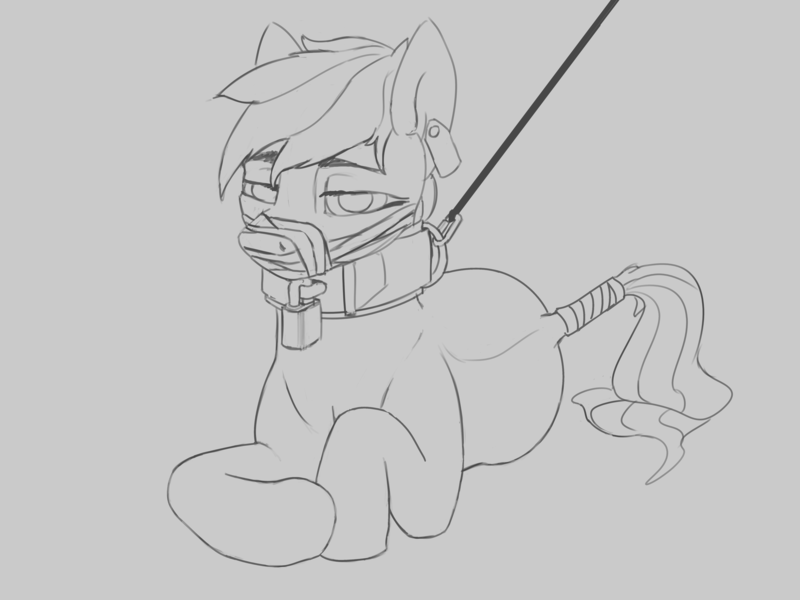 Size: 6088x4568 | Tagged: artist:s410, bedroom eyes, collar, derpibooru import, ear tag, gag, leash, lock, lying down, muzzle gag, padlock, padlocked collar, pet-dash, pet play, questionable, rainbow dash, sketch, tail wrap, wingless