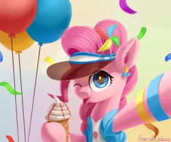 Size: 1800x1500 | Tagged: safe, artist:emeraldgalaxy, derpibooru import, pinkie pie, pinwheel, earth pony, pony, :p, balloon, bracelet, bust, clothes, confetti, cute, diapinkes, digital art, female, food, ice cream, jewelry, mare, one eye closed, smiling, solo, tongue out, visor, wink