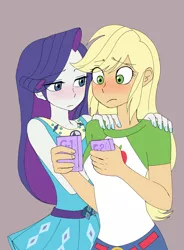 Size: 2190x2979 | Tagged: suggestive, artist:haibaratomoe, derpibooru import, applejack, rarity, equestria girls, belt, blushing, blushing profusely, clothes, condom, context in comments, dress, embarrassed, female, hand on shoulder, imminent fingering, imminent sex, implied fingering, jeans, lesbian, lidded eyes, nail polish, pants, raised eyebrow, rarijack, ribbed for her pleasure, seductive, sex toy, shipping, shirt, simple background, t-shirt