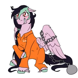Size: 1028x1030 | Tagged: artist:awesomewaffle11, ball and chain, chained, chains, clothes, derpibooru import, grin, nervous, nervous grin, oc, oc:galactic lights, pegasus, prisoner, prison outfit, safe, simple background, smiling, solo, transparent background, unofficial characters only, wings
