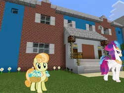 Size: 2048x1536 | Tagged: safe, artist:breadking, artist:topsangtheman, derpibooru import, junebug, queen novo, classical hippogriff, earth pony, hippogriff, pony, my little pony: the movie, basket, daisy (flower), house, looking at you, minecraft, photoshopped into minecraft
