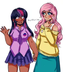 Size: 1280x1412 | Tagged: artist:mylittleyuri, artist:twi-shys, bisexual pride flag, blushing, clothes, dark skin, derpibooru import, female, fluttershy, holding hands, human, humanized, lesbian, light skin, necktie, pin, pride, pride flag, safe, shipping, simple background, skirt, sweater, sweatershy, transgender pride flag, twilight sparkle, twishy, white background