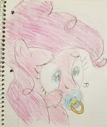 Size: 1944x2300 | Tagged: safe, artist:joeydr, derpibooru import, pinkie pie, earth pony, pony, female, lined paper, mare, pacifier, signature, simple background, solo, traditional art