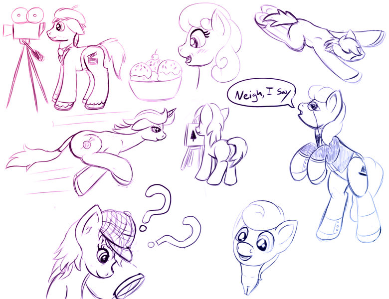 Size: 1300x1000 | Tagged: safe, artist:redquoz, derpibooru import, oc, earth pony, unicorn, beret, clothes, colt, confused, deerstalker, detective, drawpile, earth pony oc, easel, extreme perspective, film camera, flop, food, galloping, happy, hat, hooves, horn, ice cream, magnifying glass, male, monocle, posh, sketch, sketch dump, spats, stallion, suit, unicorn oc