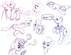 Size: 1300x1000 | Tagged: safe, artist:redquoz, derpibooru import, oc, earth pony, unicorn, beret, clothes, colt, confused, deerstalker, detective, drawpile, earth pony oc, easel, extreme perspective, film camera, flop, food, galloping, happy, hat, hooves, horn, ice cream, magnifying glass, male, monocle, posh, sketch, sketch dump, spats, stallion, suit, unicorn oc
