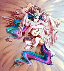 Size: 1956x2160 | Tagged: artist needed, safe, derpibooru import, princess celestia, oc, oc:light knight, alicorn, pegasus, pony, bed, canon x oc, clothes, duo, lightestia, panties, sleeping, snuggling, underwear