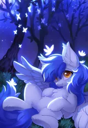 Size: 888x1280 | Tagged: safe, alternate version, artist:hioshiru, derpibooru import, oc, oc:gabriel, unofficial characters only, pegasus, pony, cheek fluff, chest fluff, colored pupils, cute, cute little fangs, ear fluff, explicit source, fangs, female, fluffy, forest, frog (hoof), human shoulders, looking at you, mare, solo, spread wings, underhoof, wings