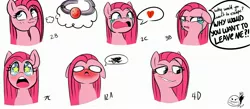 Size: 2892x1259 | Tagged: suggestive, artist:angryburger, derpibooru import, pinkie pie, earth pony, pony, ballgag, blushing, crying, embarrassed, expressions, gag, heartbreak, kinkamena, lip bite, pinkamena diane pie, starry eyes, wingding eyes