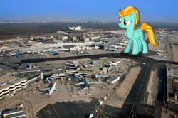 Size: 2608x1730 | Tagged: source needed, safe, artist:pasuri98, artist:somerandomminion, derpibooru import, lightning dust, pegasus, pony, female, giant pony, giantess, highrise ponies, irl, macro, mare, photo, plane, ponies in real life, vehicle