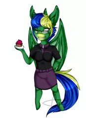 Size: 928x1333 | Tagged: anthro, artist:world-of-mushrooms, bat wings, clothes, cupcake, demon, demon pony, derpibooru import, female, food, freckles, glasses, grin, horn, multiple horns, oc, oc:princess singularity, one eye closed, original species, safe, signature, simple background, skirt, smiling, solo, unguligrade anthro, unofficial characters only, white background, white eyes, wings, wink