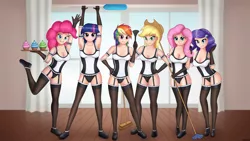 Size: 5120x2880 | Tagged: suggestive, alternate version, artist:irisarco, derpibooru import, applejack, fluttershy, pinkie pie, rainbow dash, rarity, twilight sparkle, bat pony, human, armpits, bedroom eyes, big breasts, breasts, broom, busty applejack, busty fluttershy, busty pinkie pie, cleavage, clothes, cupcake, curtains, cute, duster, female, flutterbat, food, gloves, group shot, hand on hip, hands up, humanized, looking at you, maid, mane six, mop, panties, race swap, room, sexy, smiling, socks, standing, standing on one leg, thigh highs, tray, underwear, window