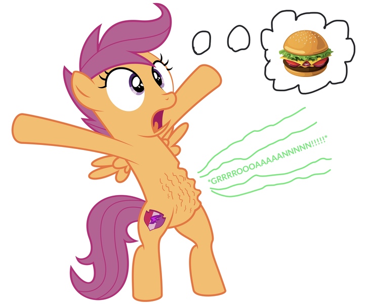Size: 6764x5625 | Tagged: safe, artist:darkyboode32, artist:deadparrot22, banned from derpibooru, deleted from derpibooru, edit, ponybooru import, vector edit, scootaloo, pegasus, pony, arms in the air, bipedal, burger, cutie mark, famine, female, filly, food, hungry, image, jpeg, onomatopoeia, open mouth, ripple, ripples, shocked, simple background, solo, standing, starving, stomach growl, stomach noise, text, the cmc's cutie marks, thinking, thought bubble, tongue out, vector, white background