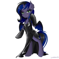 Size: 894x894 | Tagged: suggestive, artist:yuntaoxd, derpibooru import, oc, oc:kuro, unofficial characters only, alicorn, anthro, bat pony, bat pony alicorn, semi-anthro, bat wings, bipedal, clothes, dress, ethereal mane, evening gloves, female, gloves, horn, latex, latex dress, latex gloves, long gloves, makeup, mare, simple background, solo, starry mane, transparent background, wings