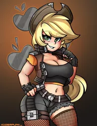 Size: 1000x1300 | Tagged: applejack, artist:ciderpunk, belly button, big breasts, breasts, busty applejack, choker, cleavage, clothes, cyberpunk, derpibooru import, eyebrows visible through hair, female, fingerless gloves, fishnets, gloves, human, humanized, midriff, outfit, safe, shorts, solo, vest