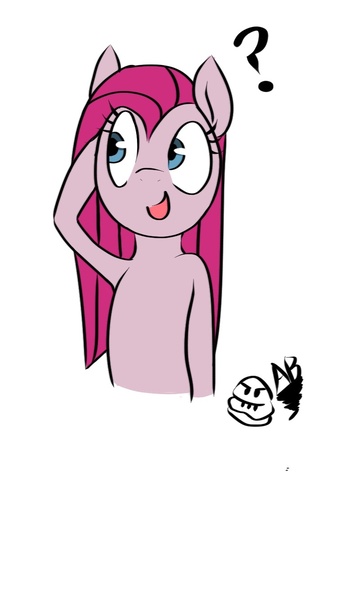 Size: 750x1334 | Tagged: safe, artist:angryburger, derpibooru import, pinkie pie, earth pony, pony, arm behind head, bashful, confused, pinkamena diane pie