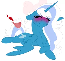 Size: 1000x939 | Tagged: alcohol, alicorn, alicorn oc, artist:blankfandoms, blushing, bow, derpibooru import, drink, drunk, eyes closed, female, glass, hair bow, horn, mare, oc, oc:fleurbelle, safe, simple background, solo, unofficial characters only, white background, wine, wine glass, wings