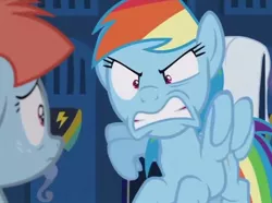 Size: 959x715 | Tagged: safe, derpibooru import, screencap, rainbow dash, windy whistles, pegasus, pony, parental glideance, angry, bags under eyes, cropped, faic, female, flapping, floppy ears, flying, frown, gritted teeth, locker room, lockers, mare, mother and child, mother and daughter, shrunken pupils, sin of wrath, yelling