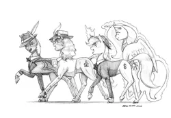 Size: 1400x965 | Tagged: safe, artist:baron engel, derpibooru import, princess celestia, oc, oc:carousel, oc:petina, oc:sky brush, earth pony, pegasus, unicorn, colored hooves, female, grayscale, male, mare, monochrome, pencil drawing, plushie, simple background, stallion, story included, traditional art, white background