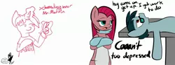 Size: 2700x1013 | Tagged: semi-grimdark, artist:angryburger, derpibooru import, pinkie pie, oc, oc:trigger puller, earth pony, pony, unicorn, fanfic:cupcakes, apron, asdfmovie, clothes, crossed arms, depressed, examining table, glasses, gloves, indifferent, latex, latex gloves, le lenny face, lying down, meh, mr.muffin, ok hand emoji, ok hand sign, pinkamena diane pie, surgical mask
