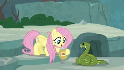 Size: 1920x1080 | Tagged: safe, derpibooru import, screencap, antoine, fluttershy, pegasus, pony, python, snake, she talks to angel, cookie, cookie jar, female, food, hoof hold, mare, messy mane, snake treat