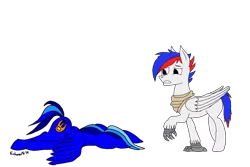 Size: 2152x1440 | Tagged: safe, artist:echoarts, derpibooru import, oc, oc:blueflame, oc:silverarrow, unofficial characters only, hippogriff, pegasus, pony, faceplant, male, oof, simple background, transparent background