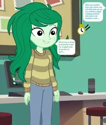 Size: 672x788 | Tagged: safe, derpibooru import, edit, edited screencap, editor:thomasfan45, screencap, wallflower blush, human, equestria girls, equestria girls series, forgotten friendship, 1000 hours in ms paint, bulletin board, canterlot high, chair, clothes, computer, cropped, cute, description is relevant, desk, female, flowerbetes, happy, hypno eyes, hypnosis, hypnotized, implied trixie, jeans, offscreen character, pants, pendulum swing, personality change, pocket watch, request, smiling, solo, speech bubble, story included, sweater