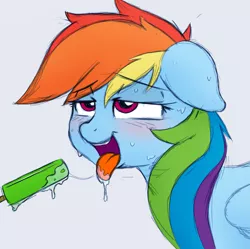 Size: 1901x1894 | Tagged: suggestive, artist:godoffury, color edit, derpibooru import, edit, rainbow dash, pegasus, pony, /mlp/, bedroom eyes, blushing, colored, drool, drool string, floppy ears, food, lidded eyes, misleading thumbnail, open mouth, popsicle, simple background, solo, suggestive eating, sweat, tongue out