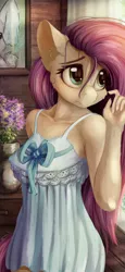 Size: 1440x3120 | Tagged: safe, alternate version, artist:alcor, derpibooru import, fluttershy, anthro, bat pony, pegasus, bow, breasts, busty fluttershy, cheek fluff, chest fluff, clothes, cute, dress, ear fluff, erect nipples, female, flower, flutterbat, indoors, looking away, mare, nipple outline, race swap, shyabetes, solo, stray strand, sundress